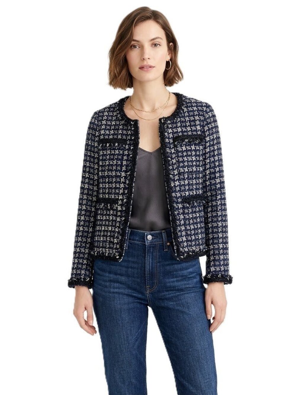 NWT J.Crew Lady Jacket in Navy Ivory Black Metallic Houndstooth Blazer 6